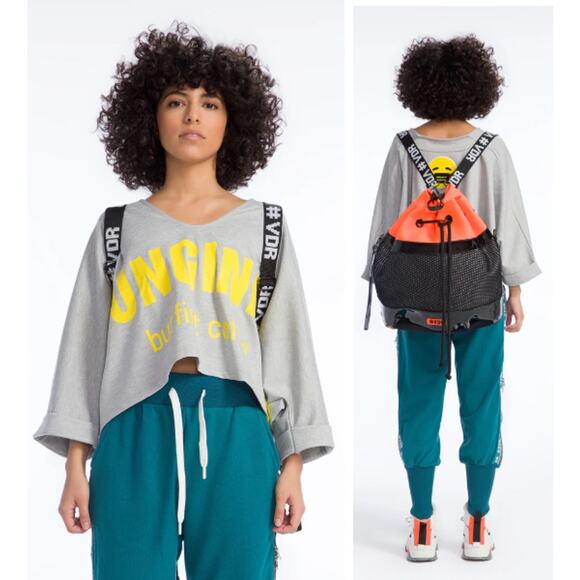 VDR Viadellerose Melange 3/4 Sleeve Crop Sweatshirt Gray/Yellow Women's OS - Picture 1 of 7